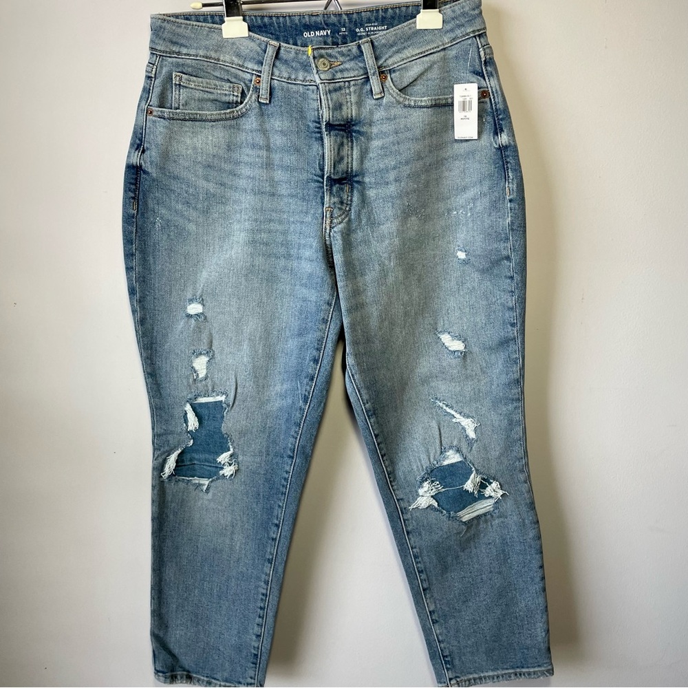 Old Navy OG Straight Leg Women’s Jeans High-Rise Distressed Denim Size 12 Petite